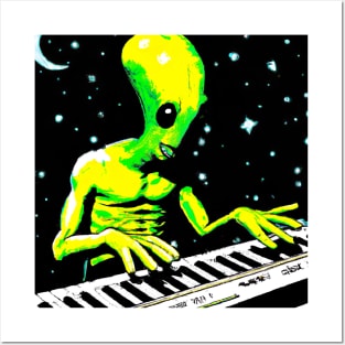 Alien playing keyboard in outer space Posters and Art